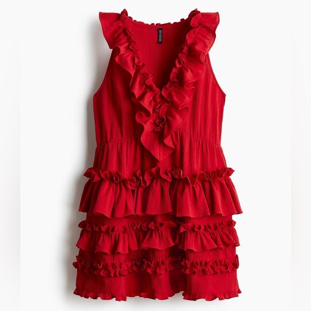 H&M Ruffle-Trimmed Dress Bright Red - Picture 3 of 7